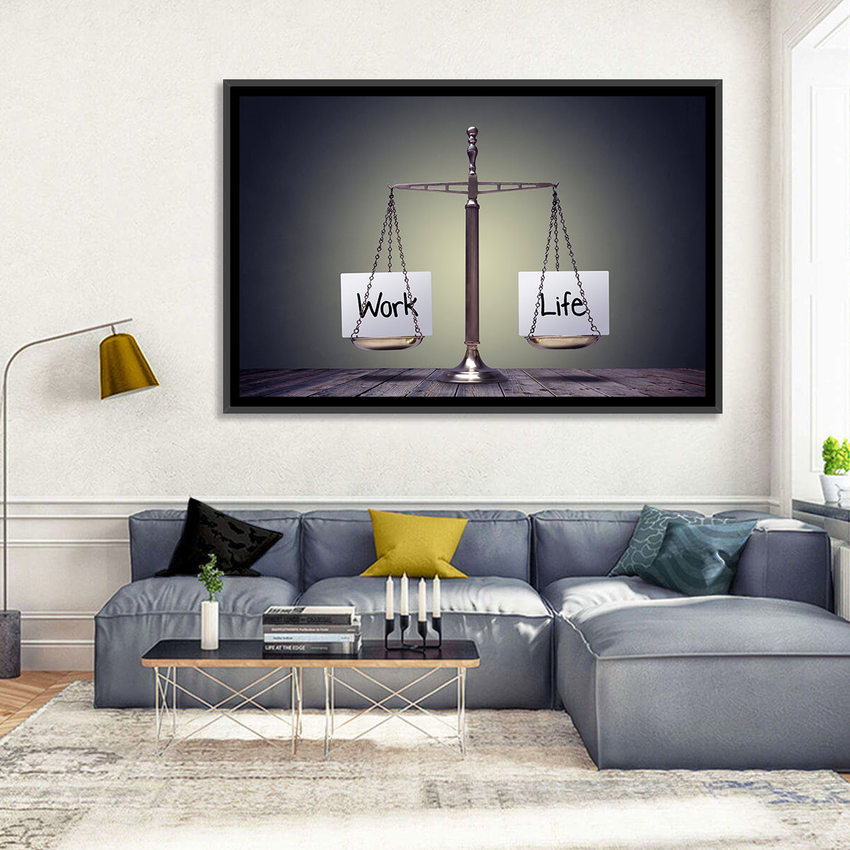 Metallic Scale: Work and Life Wall Art in a room, landscape