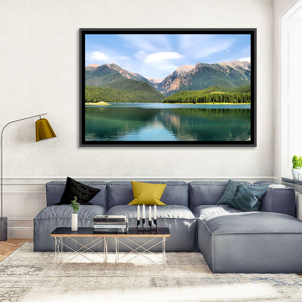 Mission Mountain Lake Reflection Wall Art in a room, landscape