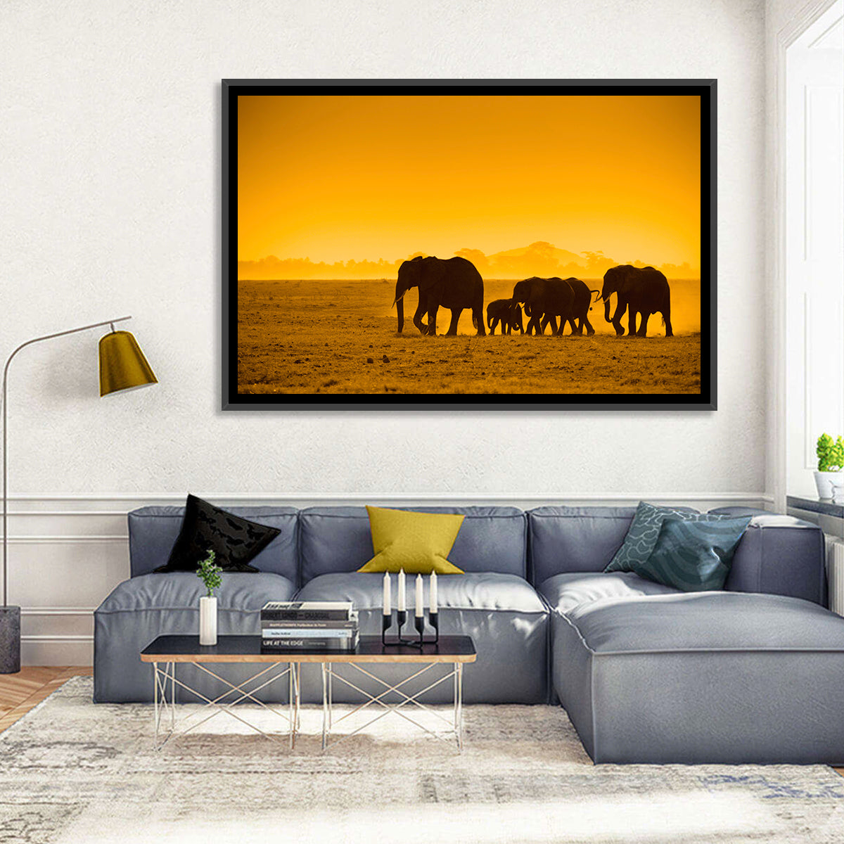 Elephant Family Silhouette Wall Art in a room, landscape