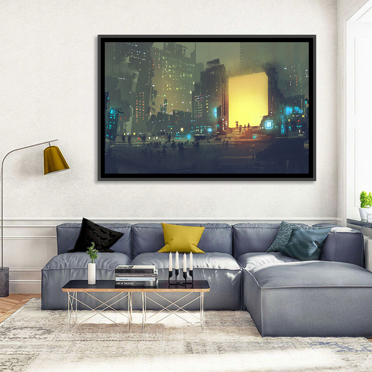 Rainy Night City with Glowing Portal Wall Art in a room, landscape