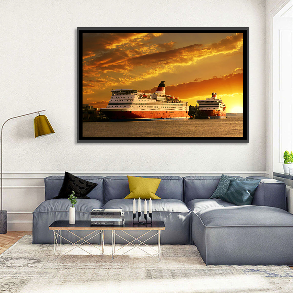 Red-hulled Cruise Ships at Dusk Wall Art in a room, landscape