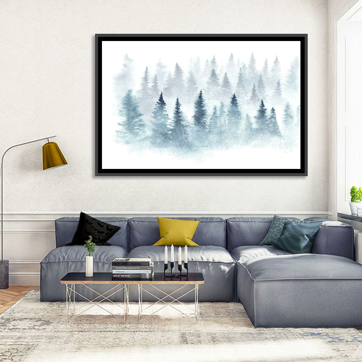 Misty Pine Forest Watercolor Wall Art in a room, landscape