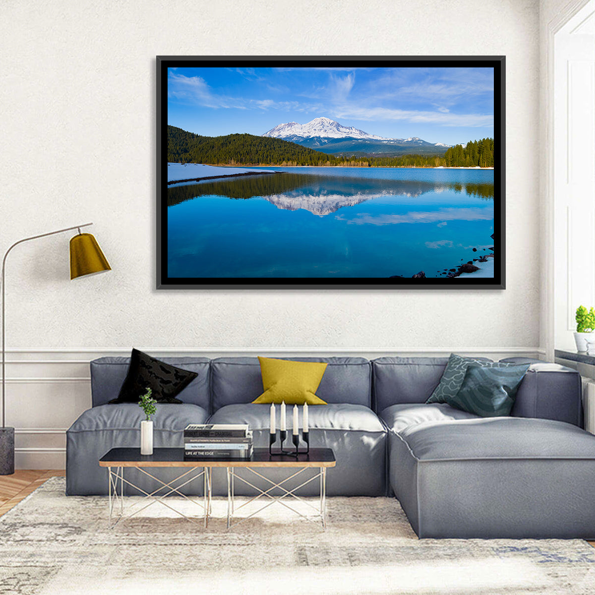 California Mountain Lake Reflection Wall Art in a room, landscape