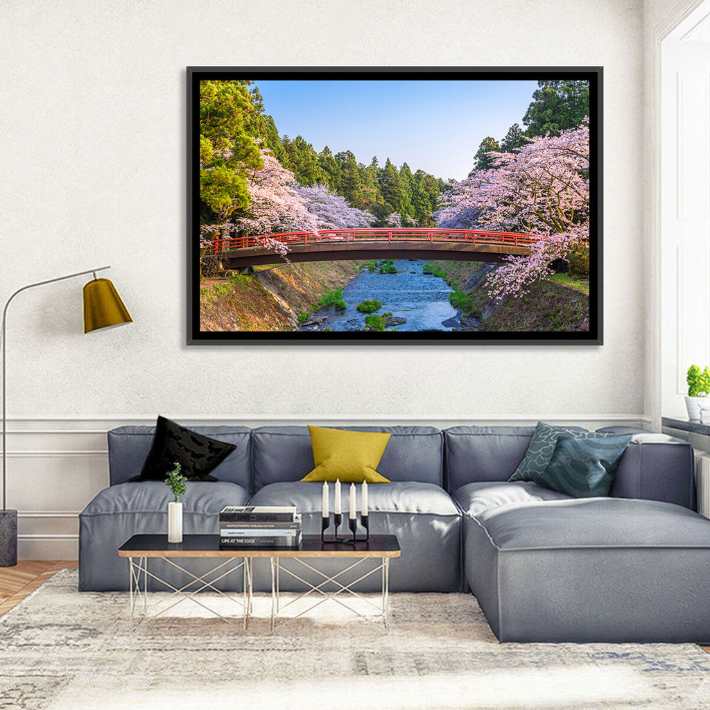 Arched Red Bridge with Cherry Blossoms Wall Art