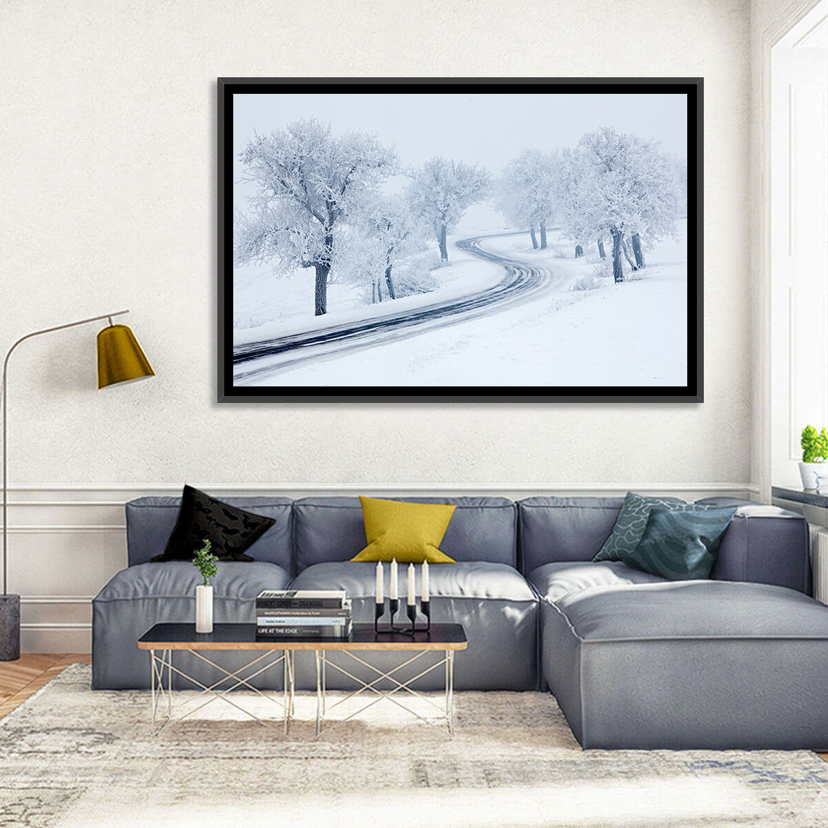 Misty Winter S-curve Road Wall Art in a room, landscape