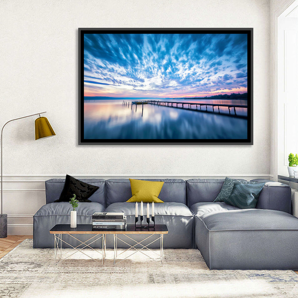 Cloudy Lake Pier at Dusk Wall Art
