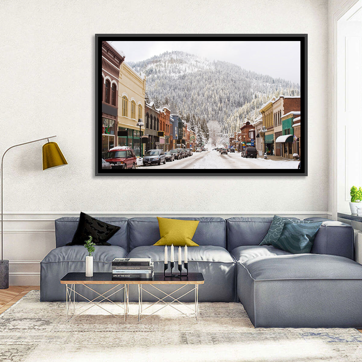 Snow Covered Mountain Main Street Wall Art in a room, landscape