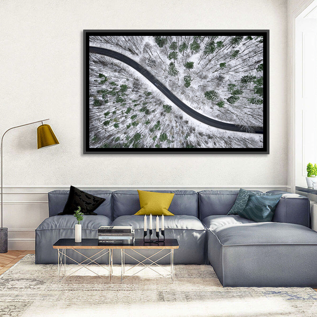 Snowy Forest Road Wall Art in a room, landscape