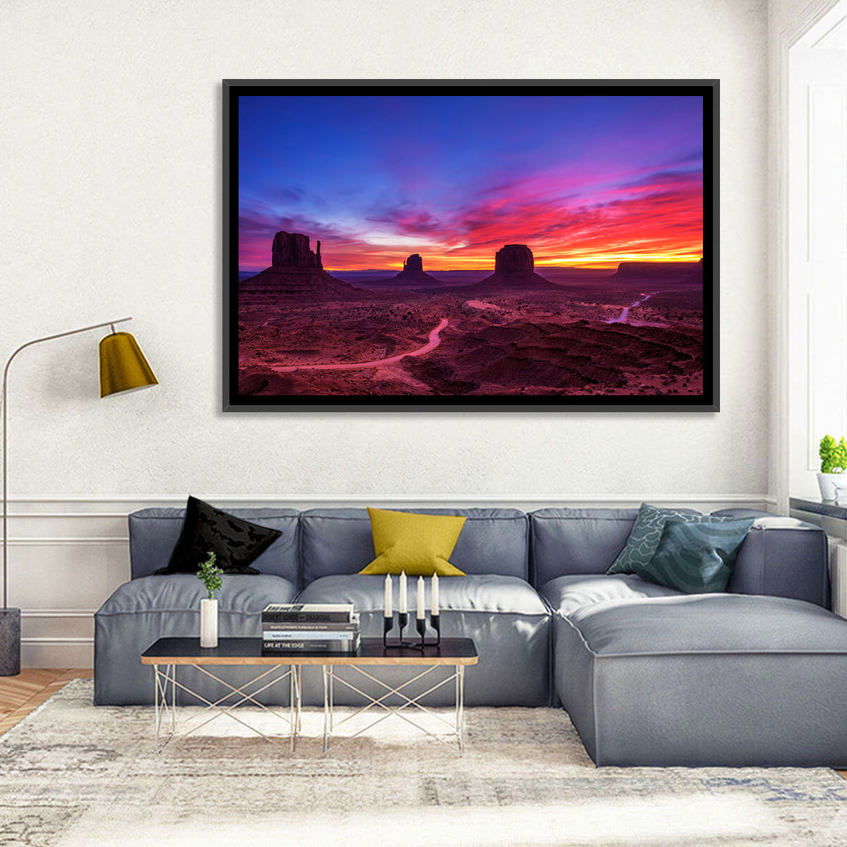 Monument Valley Arizona Sunset Wall Art in a room, landscape