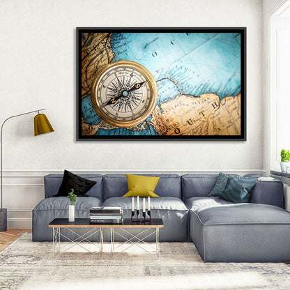 Vintage Compass Over Atlantic Map Wall Art