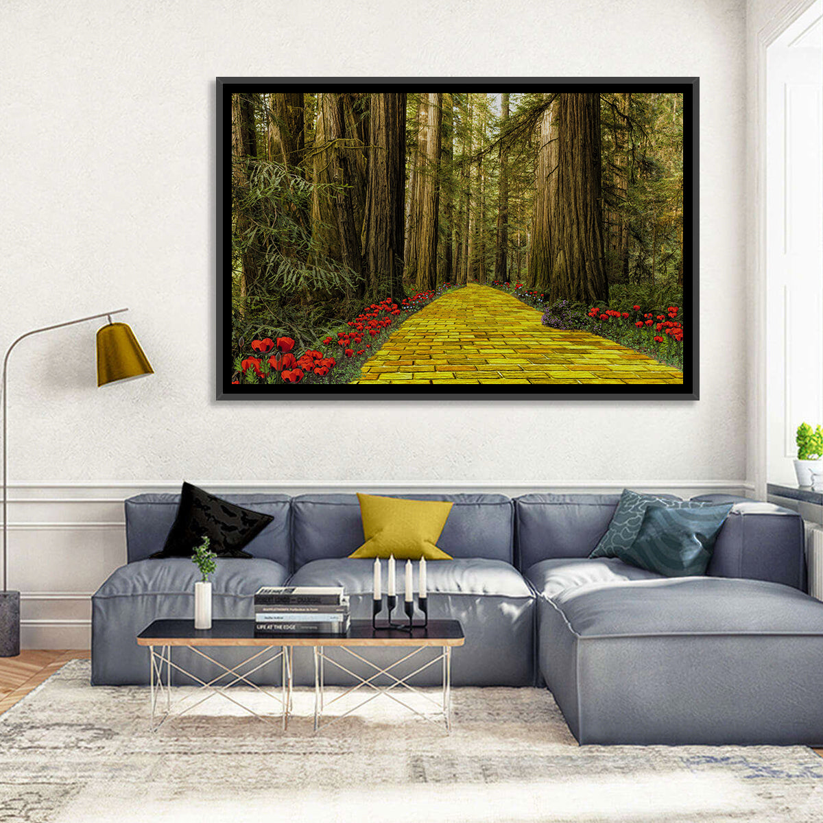 Yellow Brick Path Through Redwoods Wall Art in a room, landscape