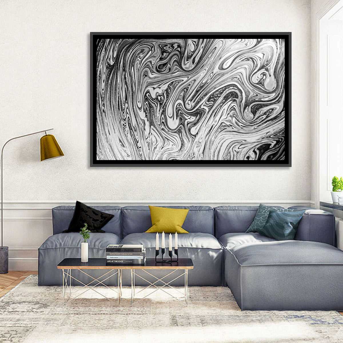 Ink Swirl Monochrome Abstract Wall Art in a room, landscape