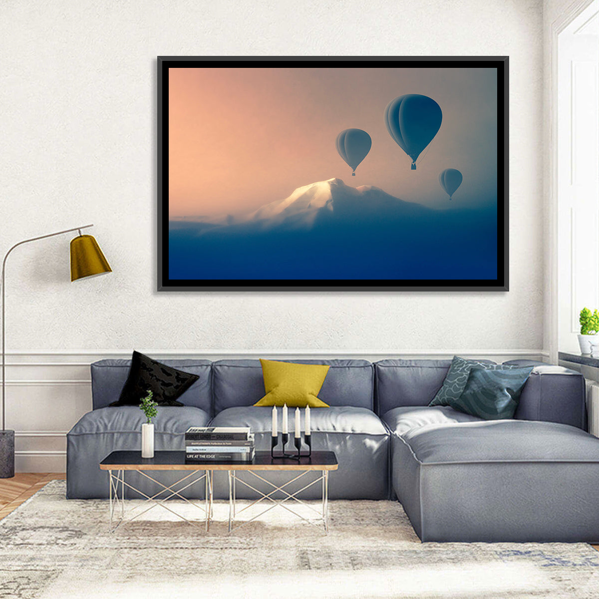 Three Hot Air Balloons Over Misty Peak Wall Art in a room, landscape