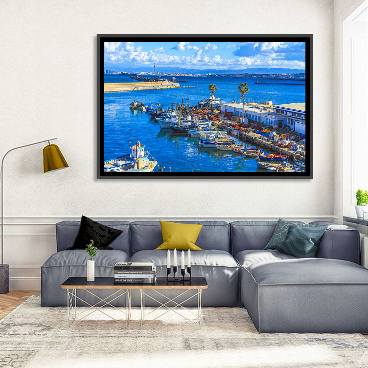 Sfax Fishing Harbor Wall Art in a room, landscape