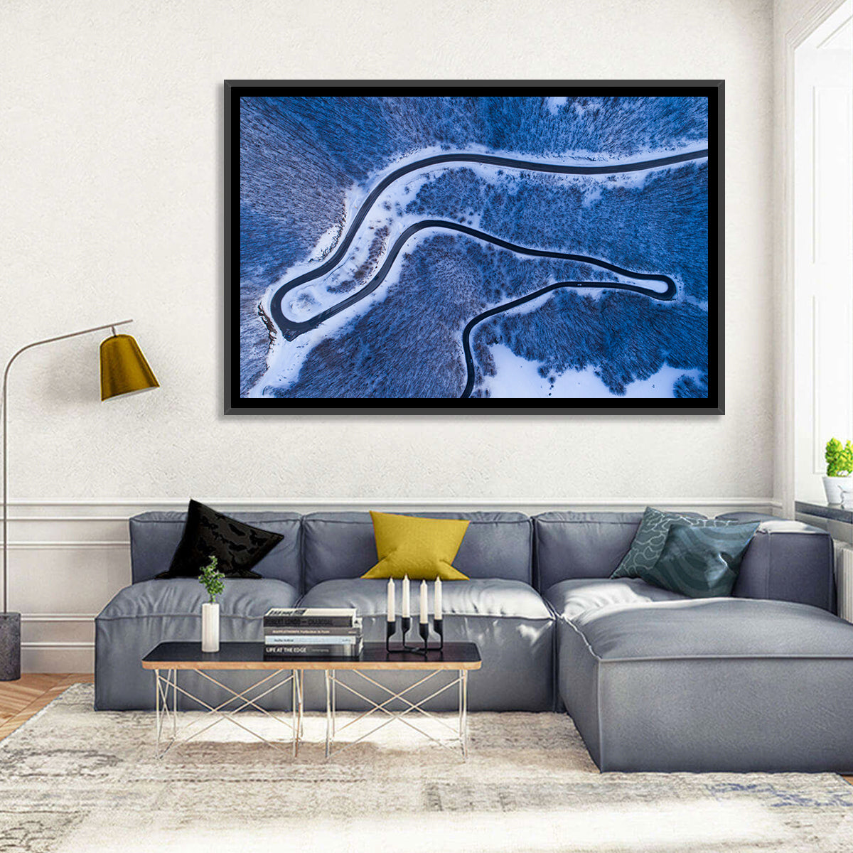 Montenegro Snowy Mountain Road Wall Art in a room, landscape