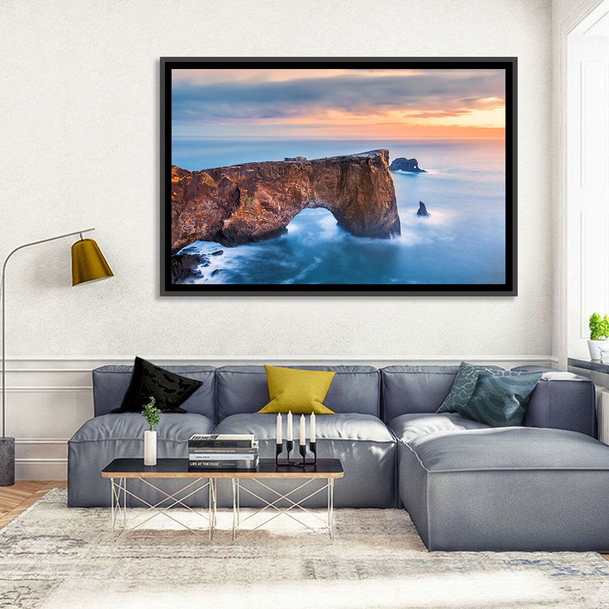 Dyrhólaey Sea Arch at Sunset Wall Art in a room, landscape