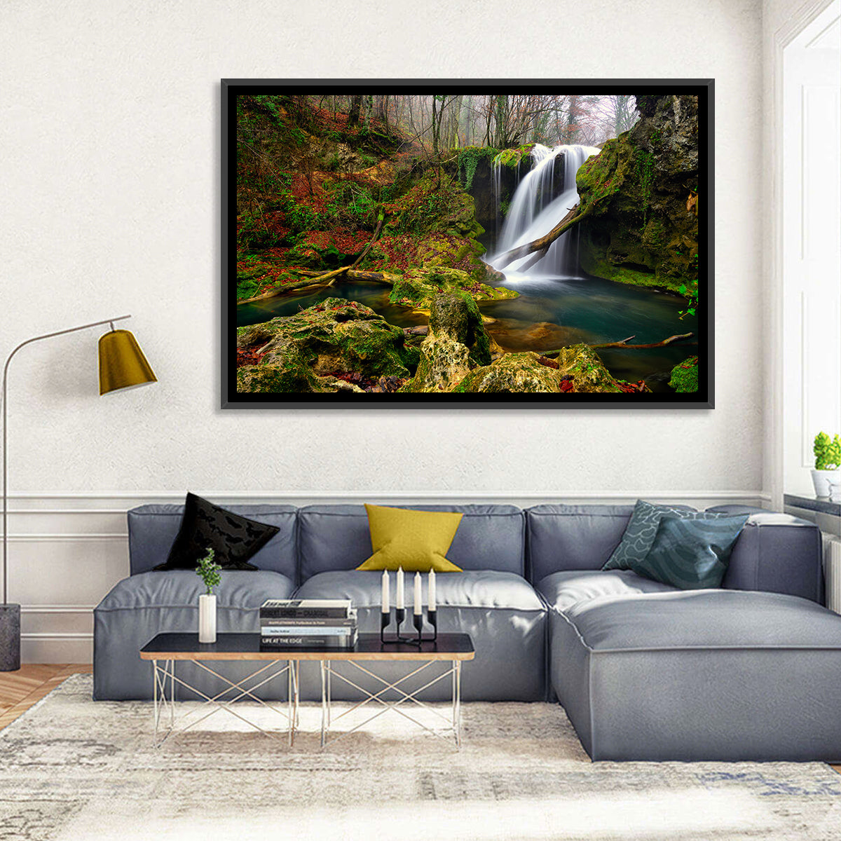 Cheile Nerei Mossy Waterfall Wall Art in a room, landscape