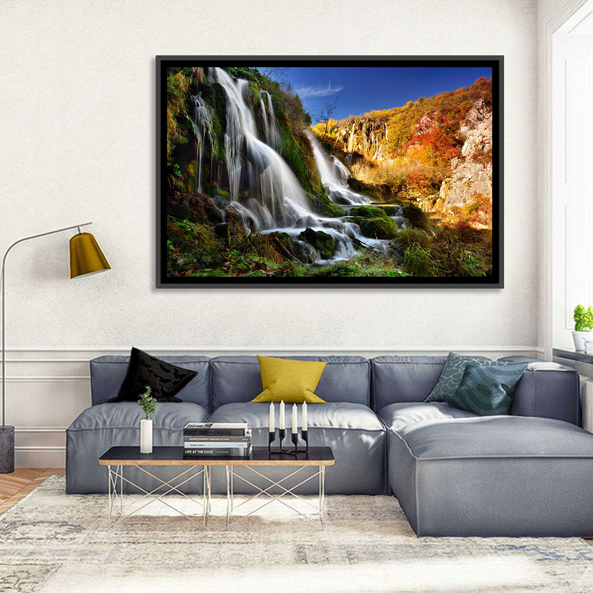 Plitvice Lakes Waterfall Wall Art in a room, landscape