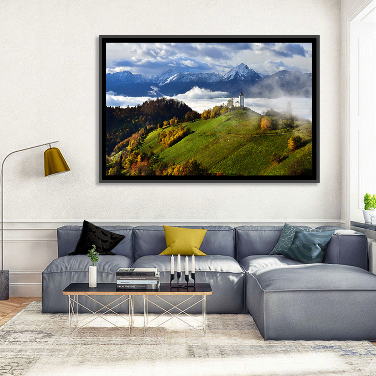 Jamnik Church on Misty Hill Wall Art in a room, landscape