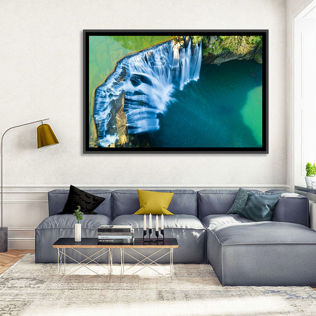 Shifen Waterfall Aerial Wall Art in a room, landscape