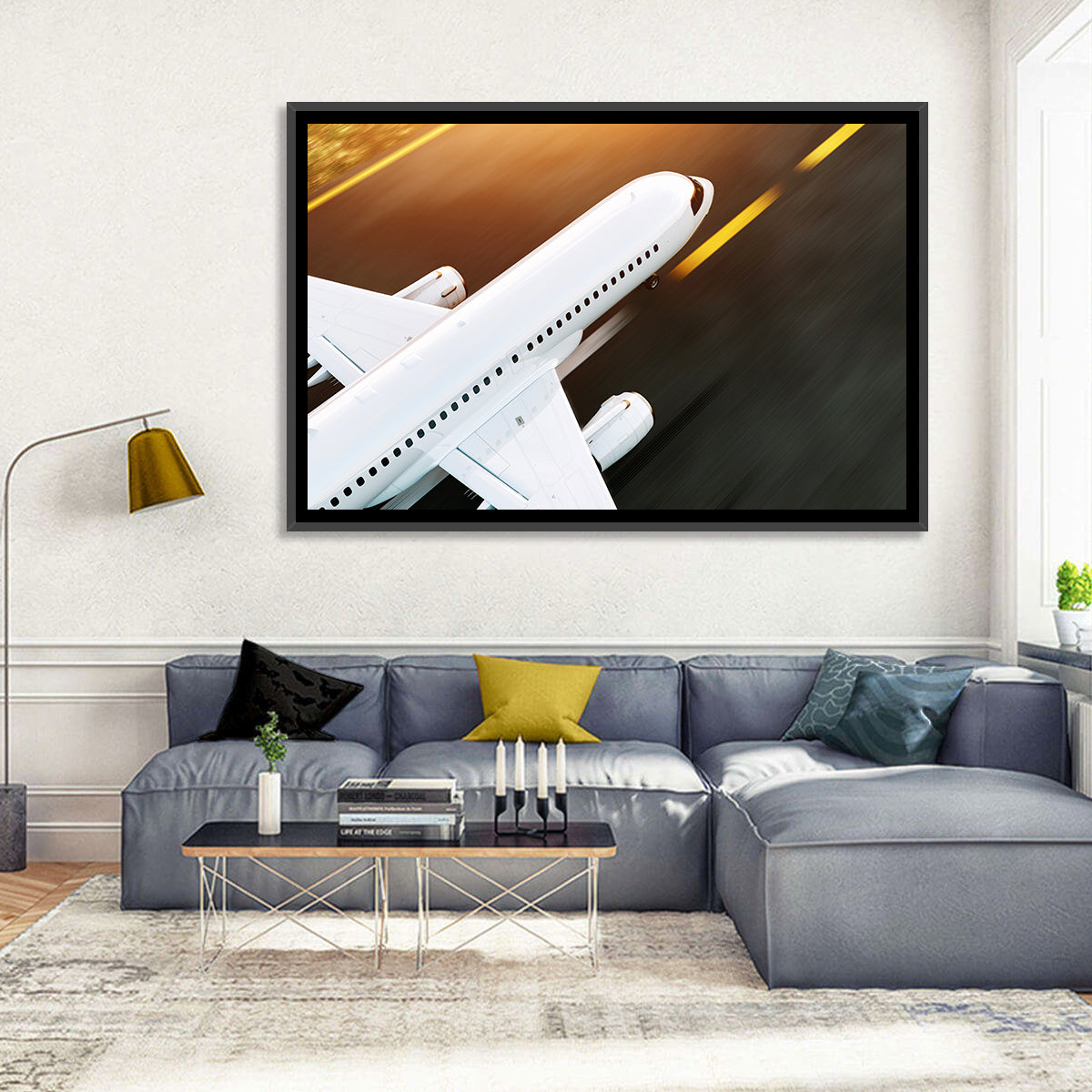 Commercial Jet Takeoff at Sunset Wall Art in a room, landscape