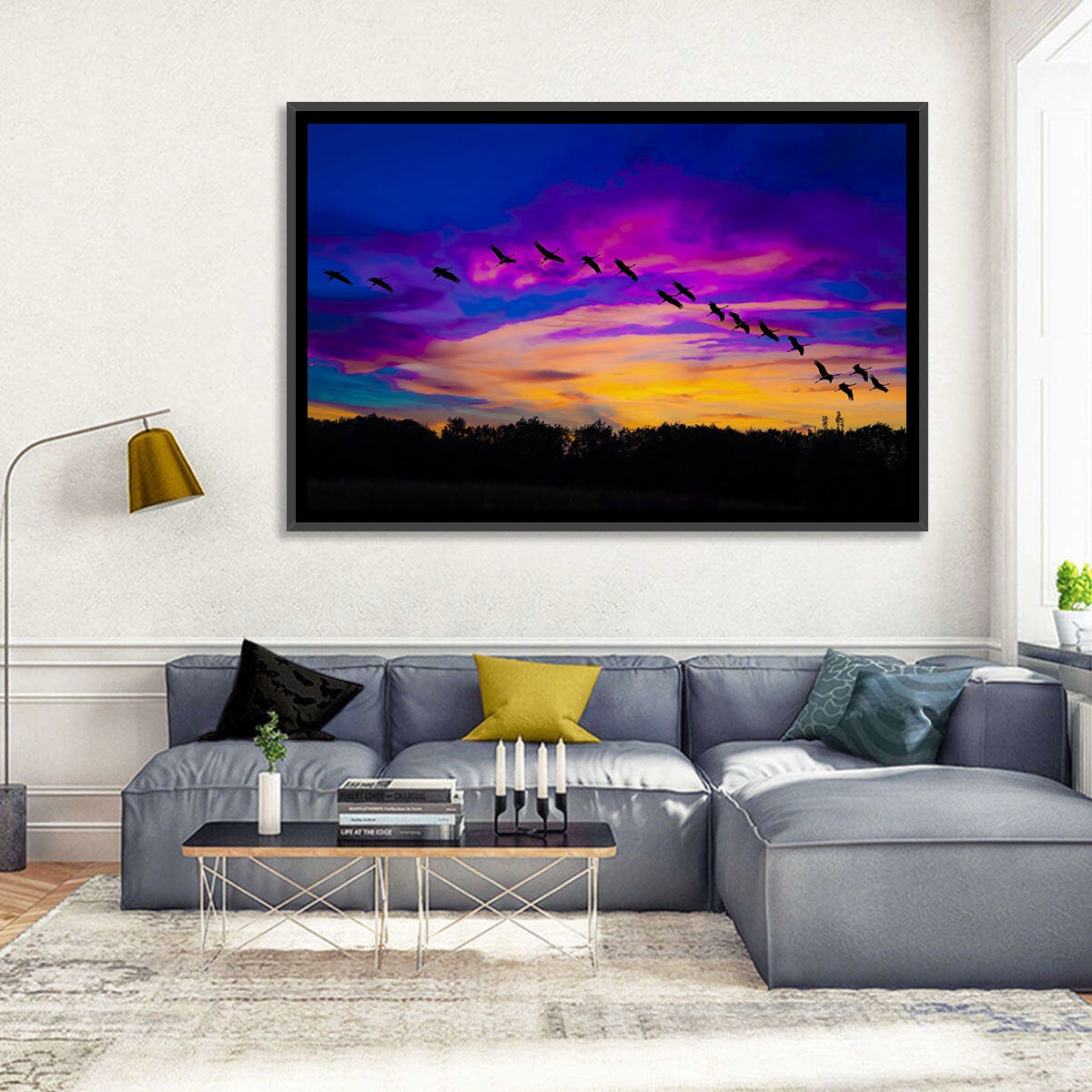 Silhouetted Cranes at Dusk Wall Art