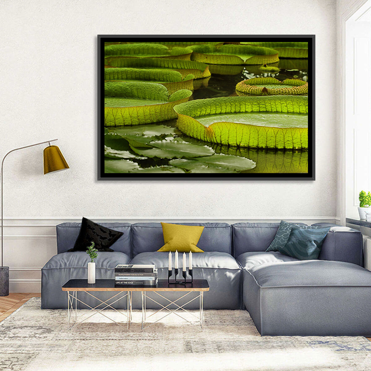 Giant Victoria Amazonica Lily Pads Wall Art in a room, landscape