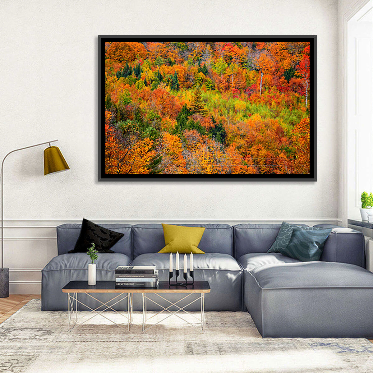 Vermont Autumn Mountain Forest Wall Art in a room, landscape