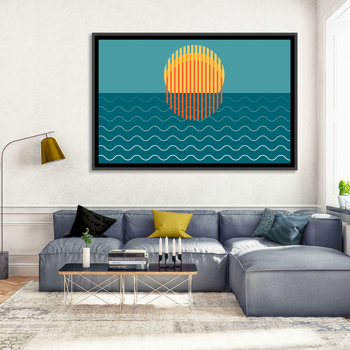 Teal Ocean Sunset Illustration Wall Art in a room, landscape