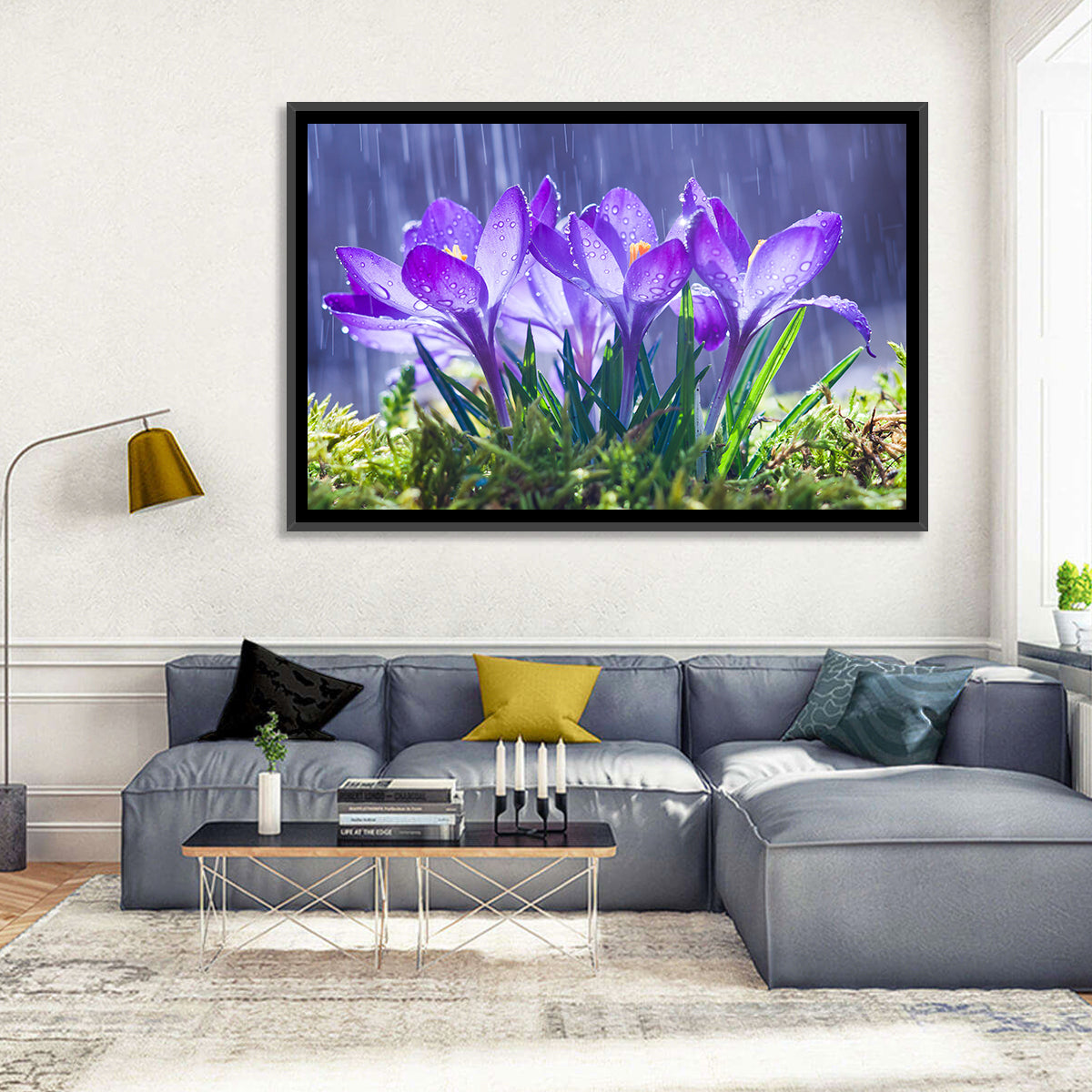 Rainy Purple Crocuses Wall Art in a room, landscape