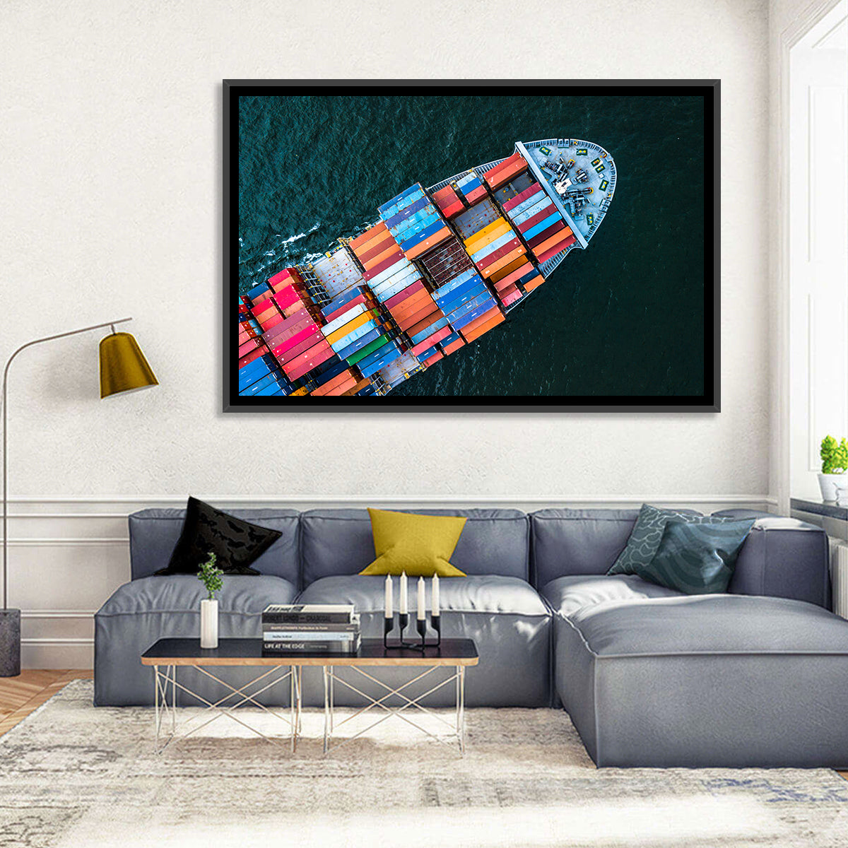 Container Ship Aerial View Wall Art in a room, landscape
