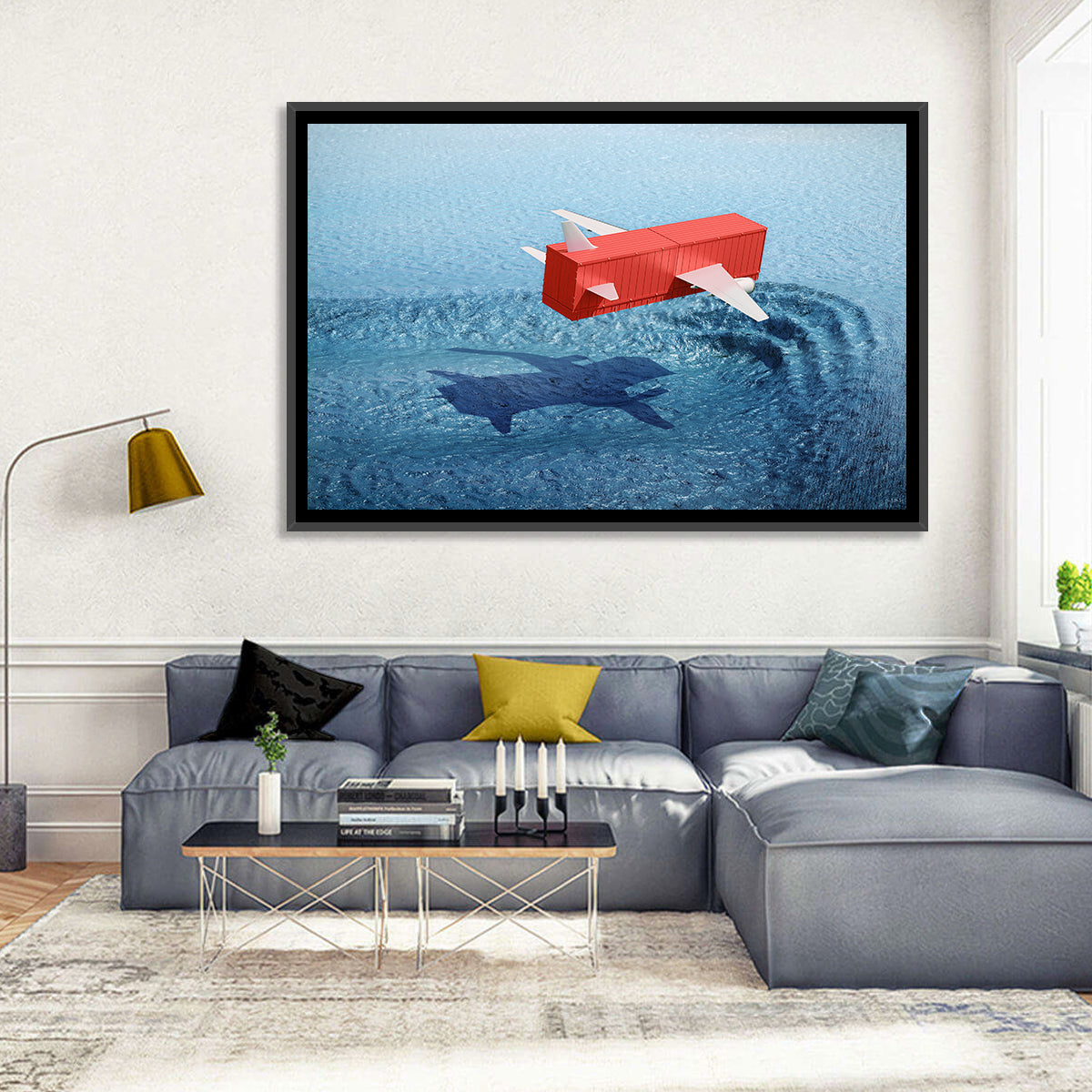 Flying Shipping Container Wall Art in a room, landscape