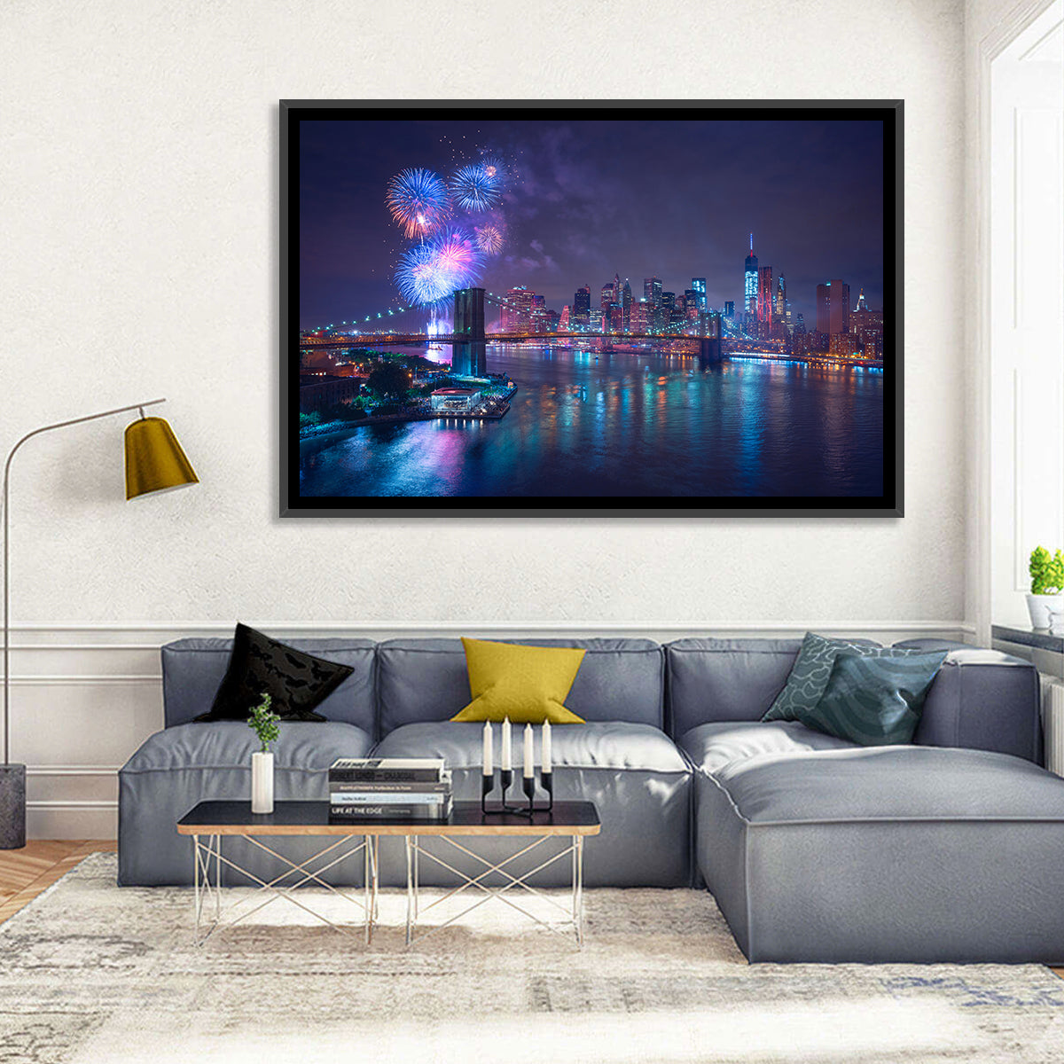 Fireworks Over Brooklyn Bridge Wall Art in a room, landscape