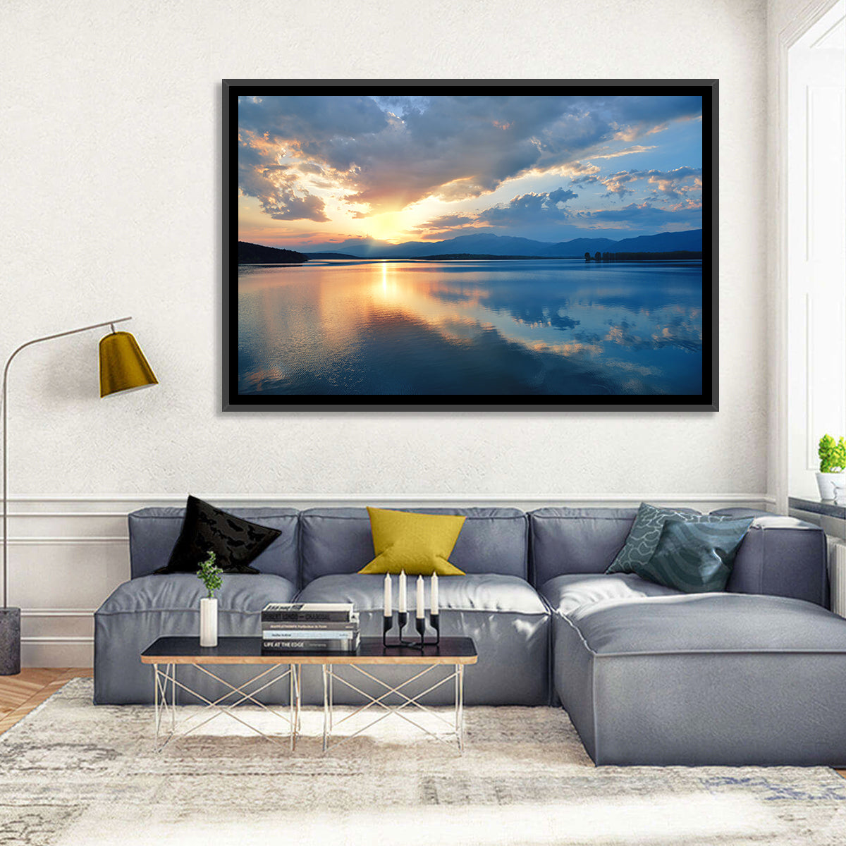 Golden Hour Lake Reflection Wall Art in a room, landscape