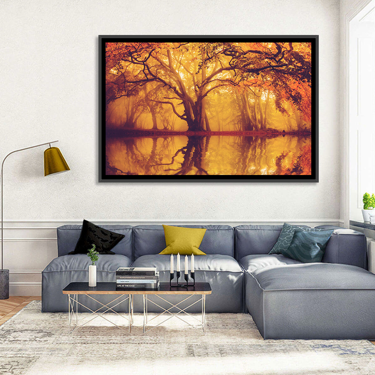 Golden Mist Forest Reflection Wall Art