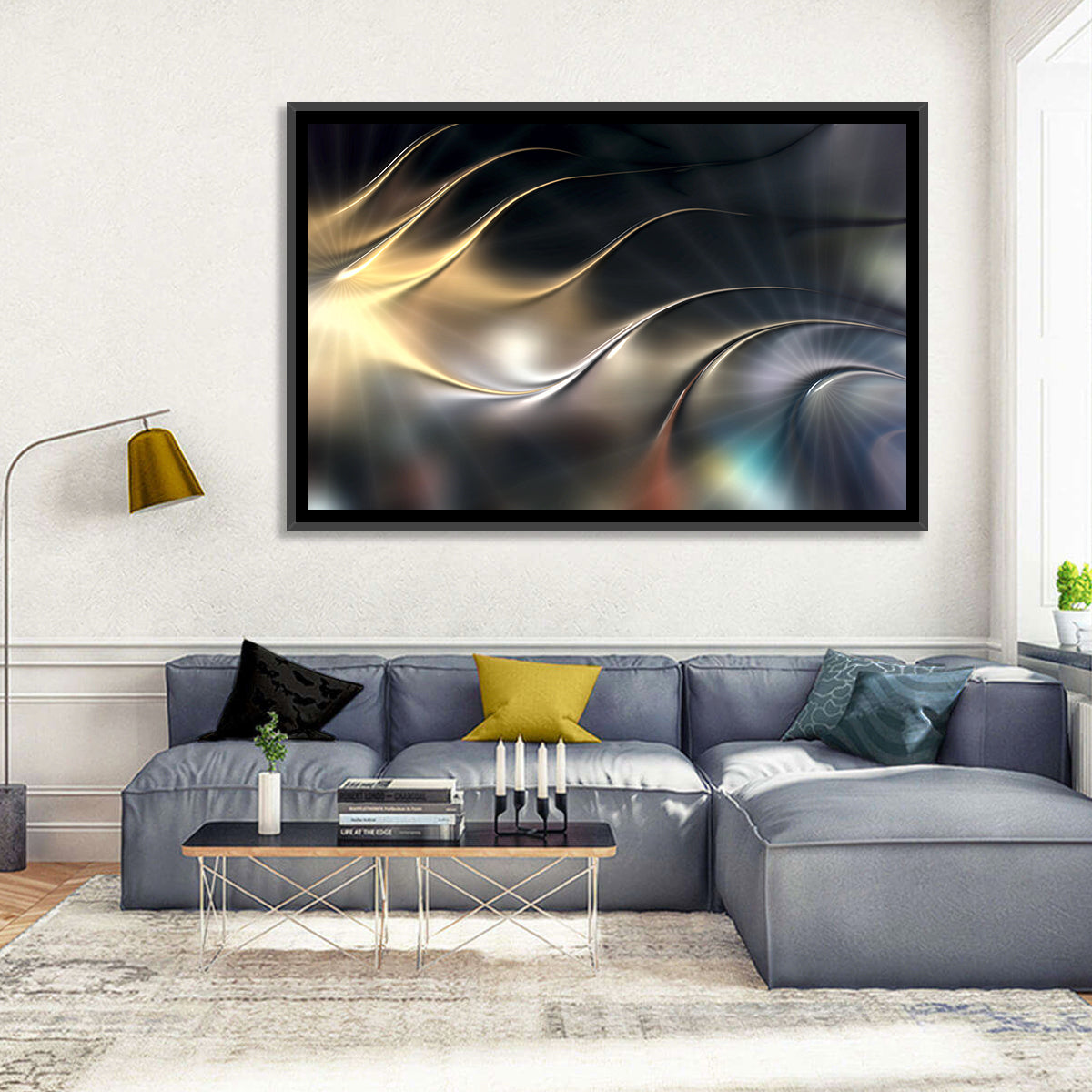 Luminous Metallic Wave Wall Art in a room, landscape