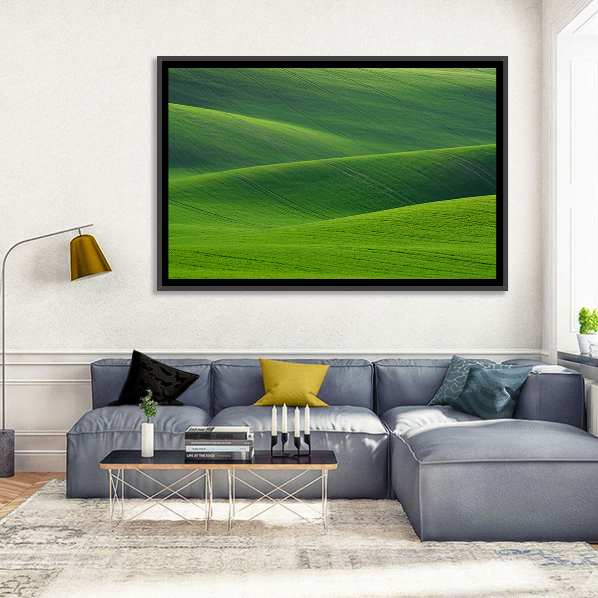 Rolling Emerald Wheat Fields Wall Art in a room, landscape