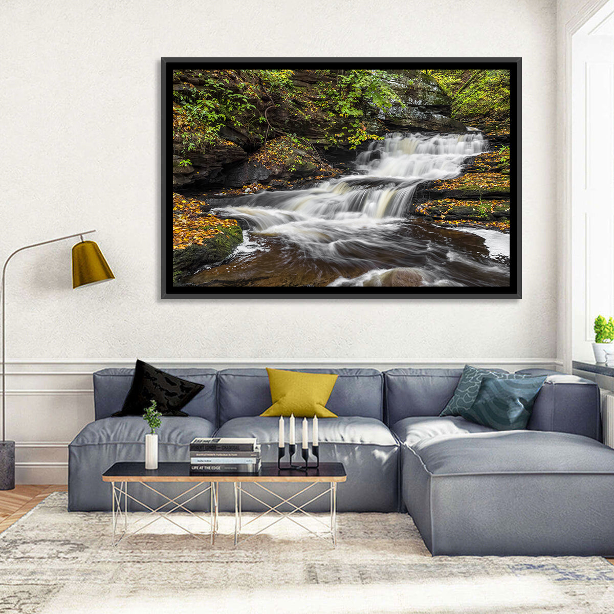 Cascading Autumn Waterfall Wall Art in a room, landscape
