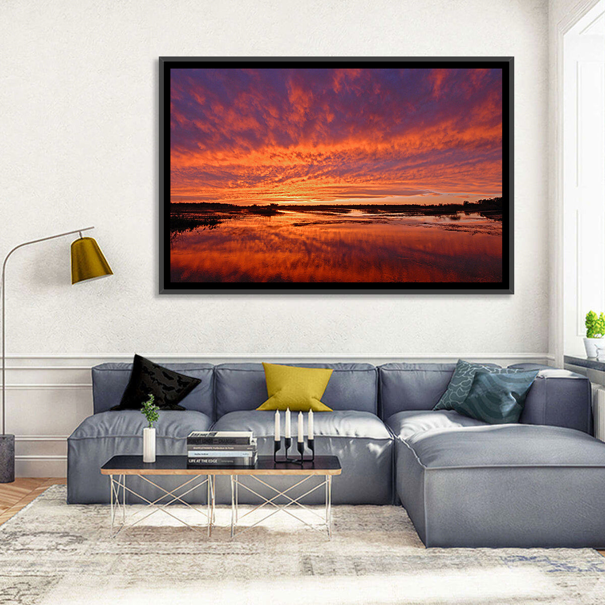 Louisiana Wetland Sunset Wall Art in a room, landscape