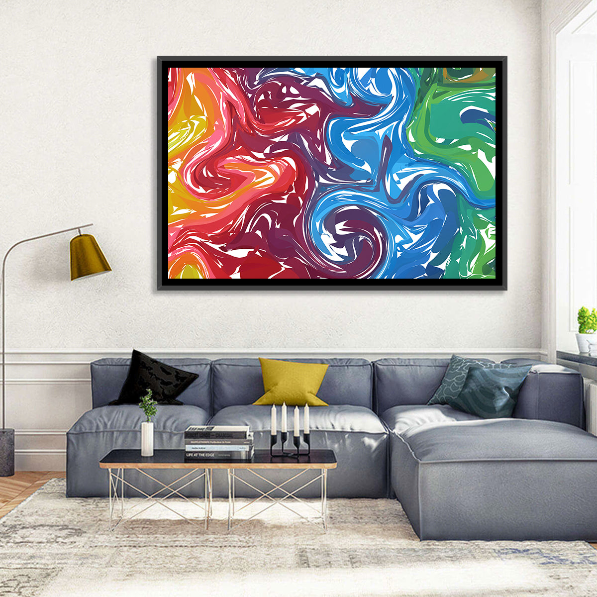 Marbled Color Flow Abstract Wall Art in a room, landscape