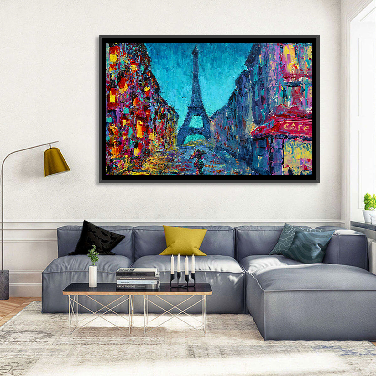 Rainy Paris Street with Eiffel Tower Wall Art in a room, landscape