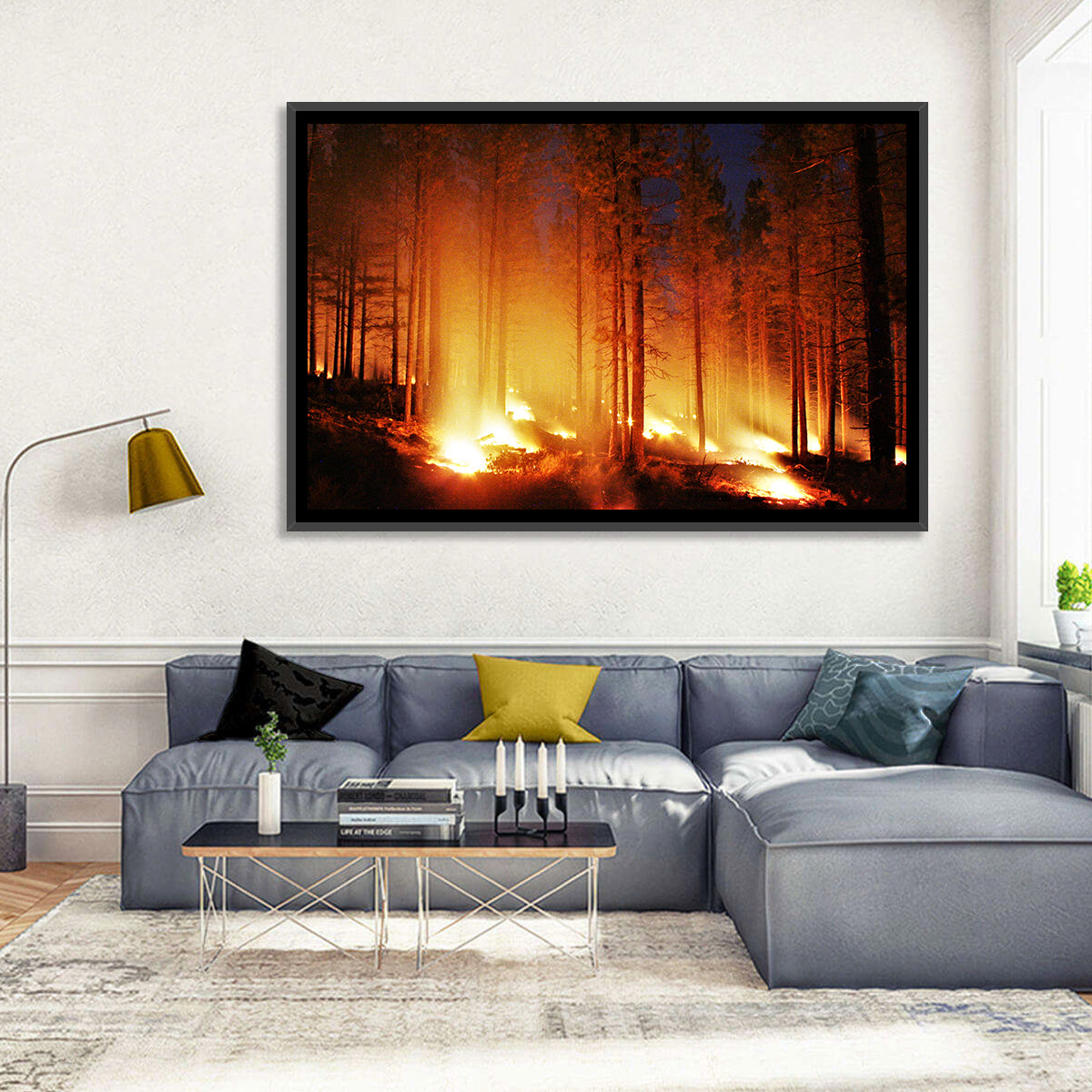 Night Forest Fire Wall Art in a room, landscape