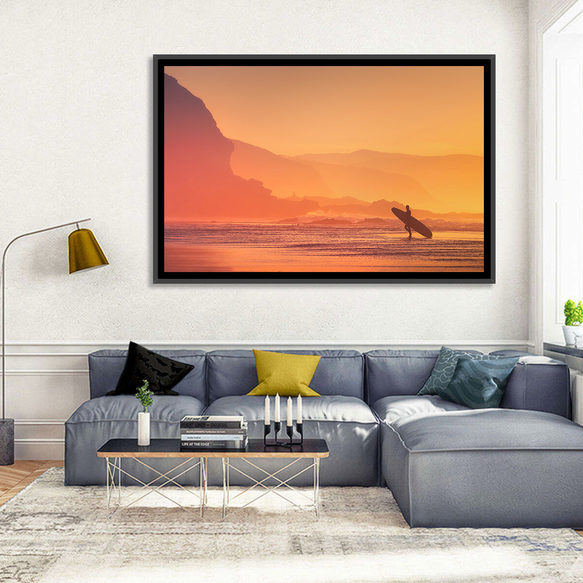 Surfer Silhouette at Golden Sunset Wall Art in a room, landscape