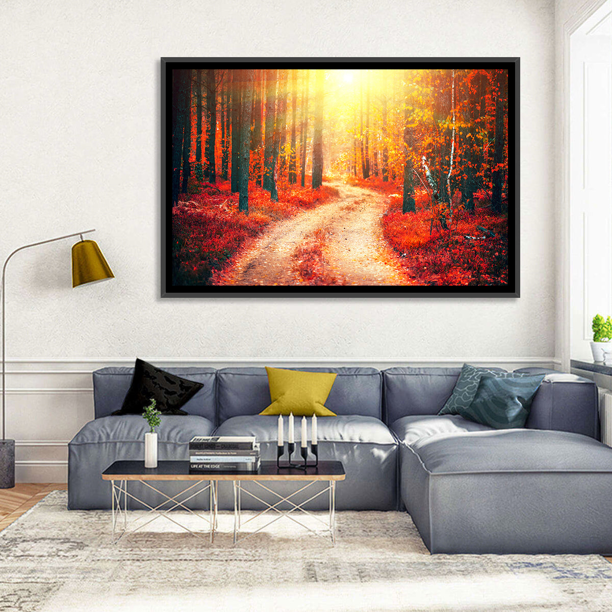 Golden Path Through Autumn Woods Wall Art in a room, landscape