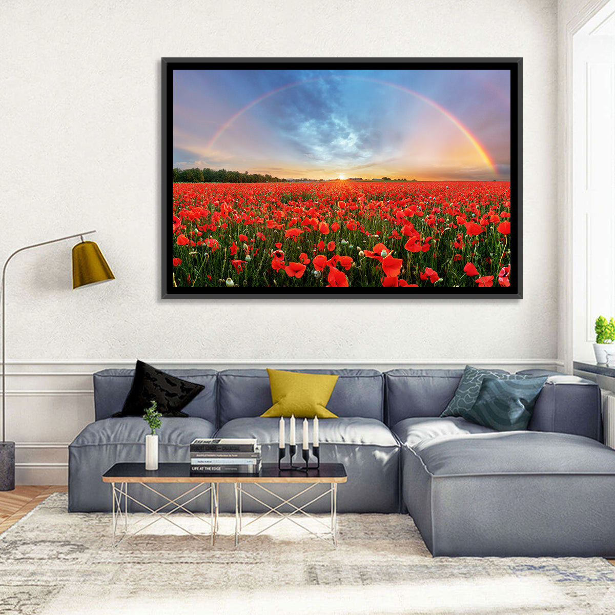 Poppy Field with Double Rainbow Wall Art in a room, landscape