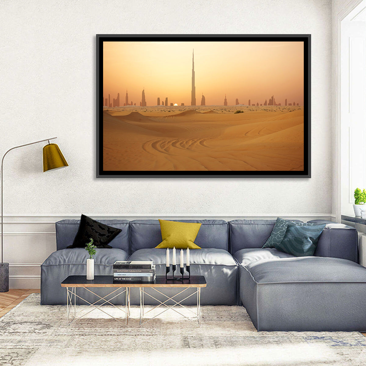 Dubai Skyline at Sunset Wall Art in a room, landscape