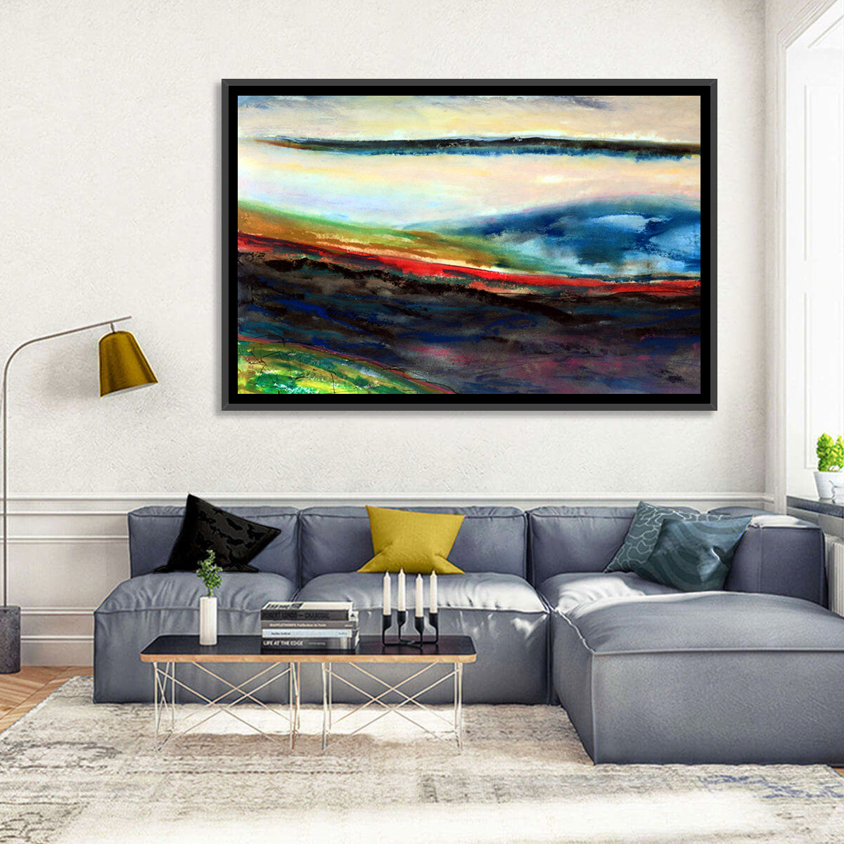 Moody Horizon Stripe Abstract Landscape Wall Art in a room, landscape