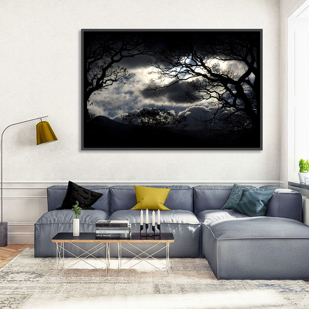 Storm Clouds Over Silhouetted Trees Wall Art in a room, landscape