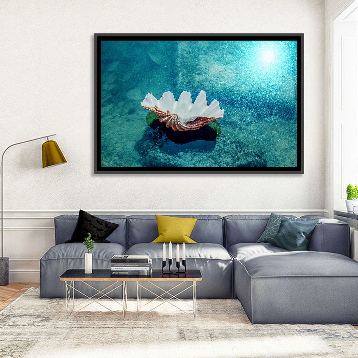 Giant Clam Shell Wall Art in a room, landscape