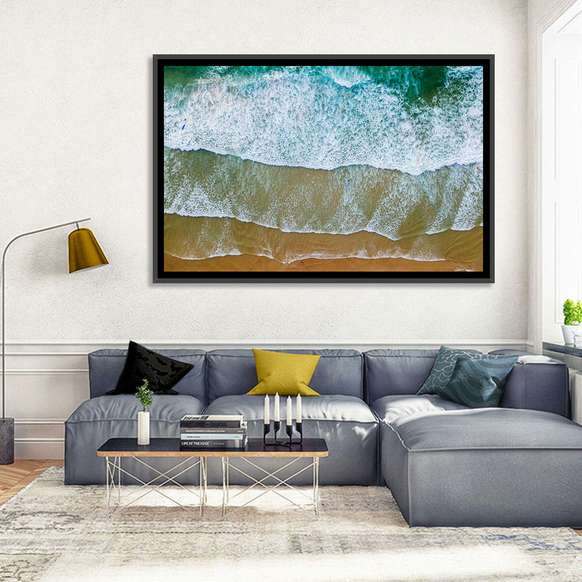 Aerial Teal Beach with Surfers Wall Art